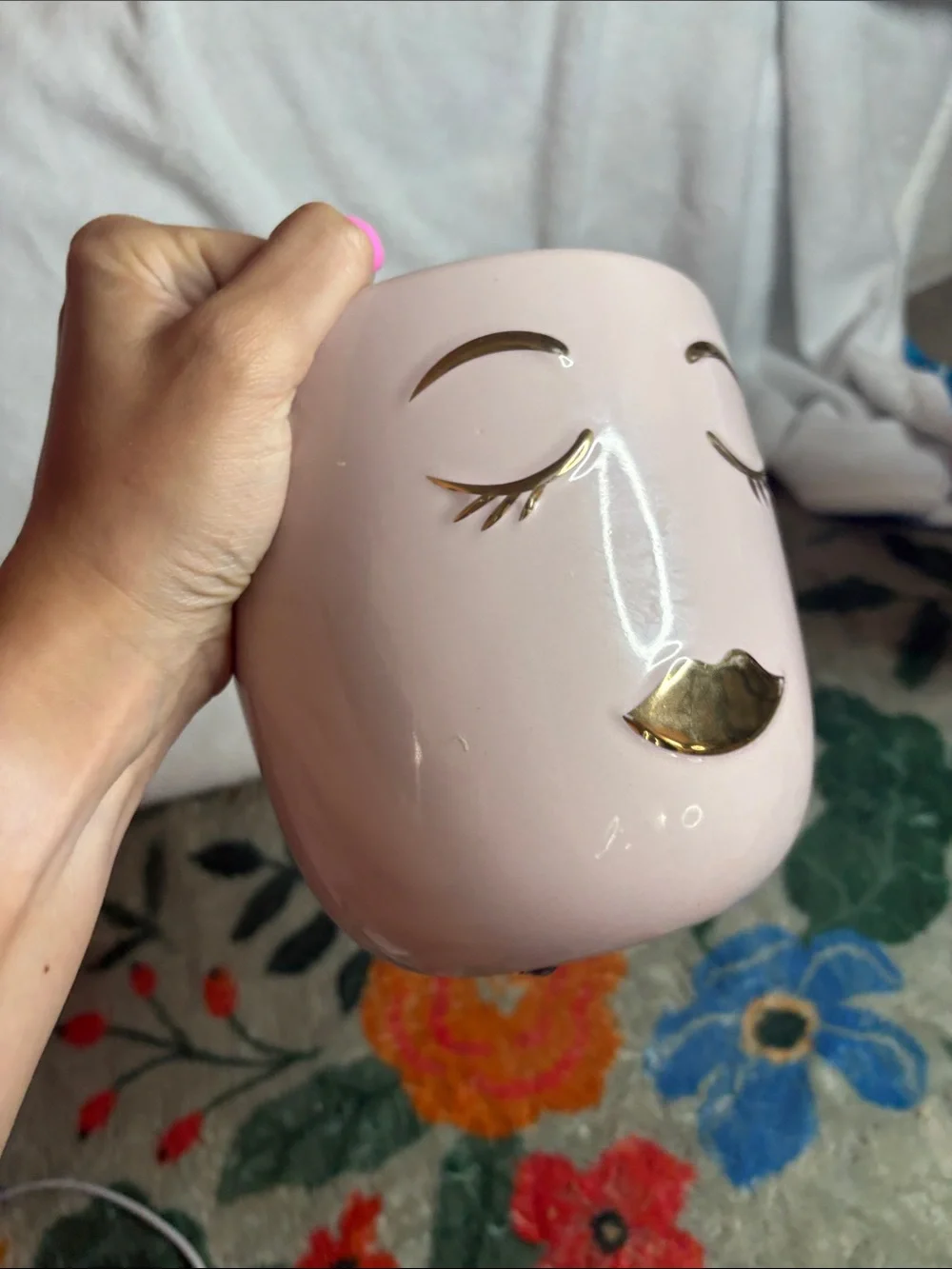 Pink Ceramic Face Planter with Gold Accents